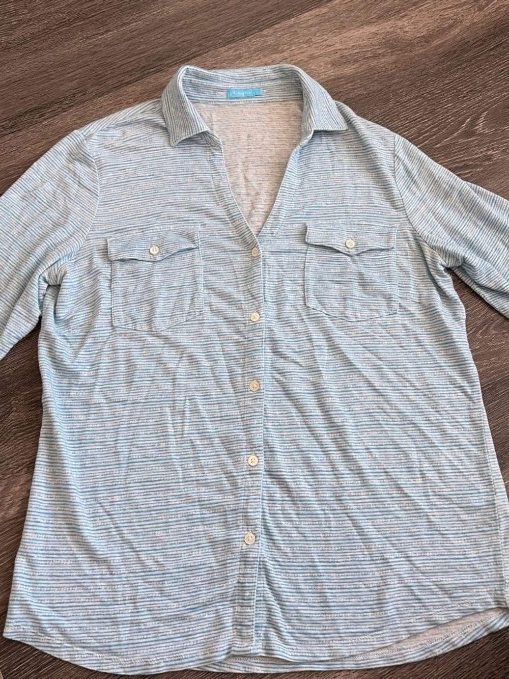 J. McLaughlin Brynn Linen Blend Top Size L Blue Stripe Button Up Chest Pockets